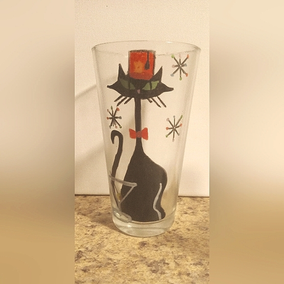 Handpainted Mid-century Inspired Black Atomic Cat Cocktail Glasses Set of 2 - Picture 2 of 4